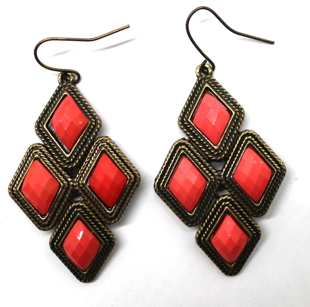 Orange Plastic Rectangle Dangle Earrings • Antique Goldtone • 2" Drop • Hook